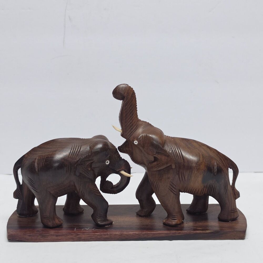 Vintage Carved Wooden Elephant Figurine Statue of Two Elephants Safari AS IS